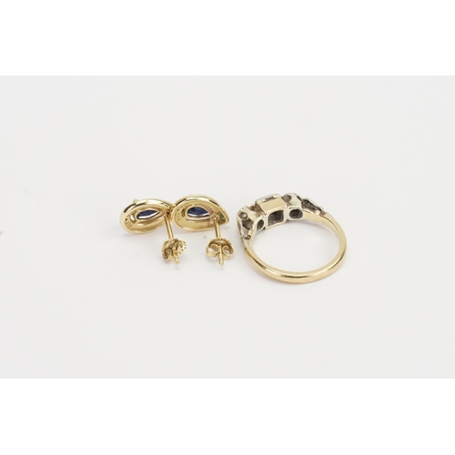 167 - A pair of Sapphire earrings, along with a diamond and Sapphire set ring. 4g.