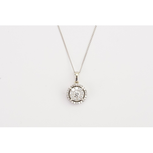 179 - A 9ct white Gold chain, hung with a 9ct Diamond pendant. In the cluster design. Largest Diamond 0.91... 