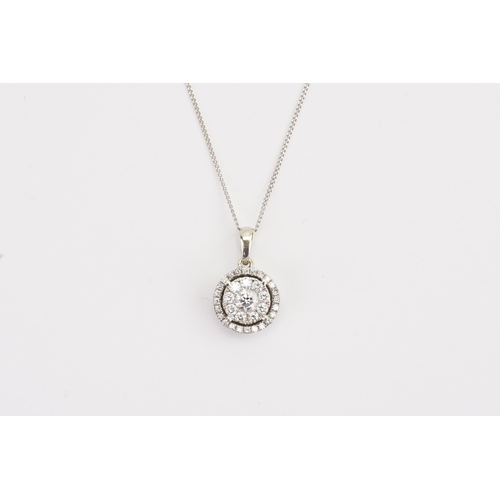 179 - A 9ct white Gold chain, hung with a 9ct Diamond pendant. In the cluster design. Largest Diamond 0.91... 