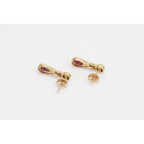 110 - A pair of 9ct Gold ladies earrings, set with diamonds and rubies in the drop design. Weight 2.7g.