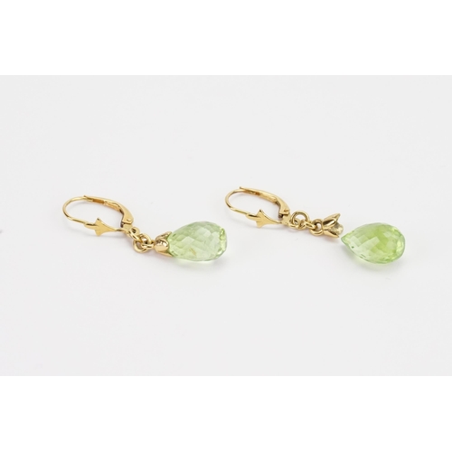 115 - A pair 18ct Gold possibly green Spinel set drop earrings AF. Weight 3.2g