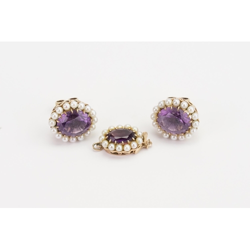 116 - A pair of 9ct Gold Amethyst and pearl set earrings, along with a matching clasp (10ct). Weight 9g. A... 