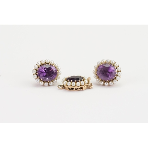 116 - A pair of 9ct Gold Amethyst and pearl set earrings, along with a matching clasp (10ct). Weight 9g. A... 