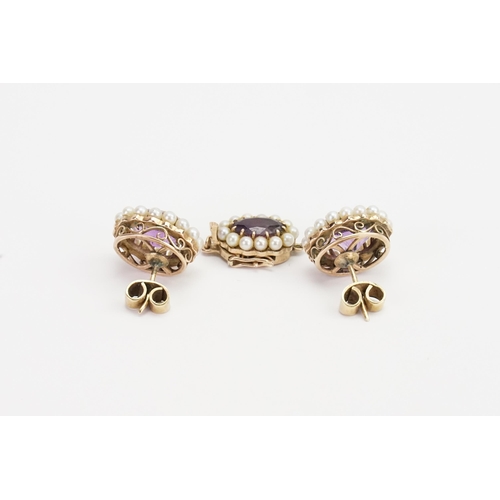 116 - A pair of 9ct Gold Amethyst and pearl set earrings, along with a matching clasp (10ct). Weight 9g. A... 