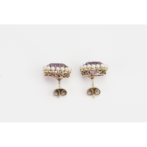 116 - A pair of 9ct Gold Amethyst and pearl set earrings, along with a matching clasp (10ct). Weight 9g. A... 