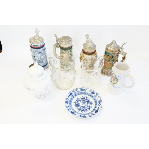 808 - Two Glass Lemonade Jugs, Beer Steins, China, etc.