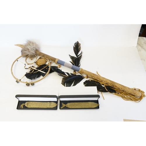 775 - A Shamanic Leather & Beed Feather mounted Healing Stick with a horn handle along with two boxed Brac... 