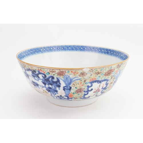 755 - A Chinese Punch bowl decorated with scenes of Musicians in Floral Cartouches in a Turquoise Ground. ... 