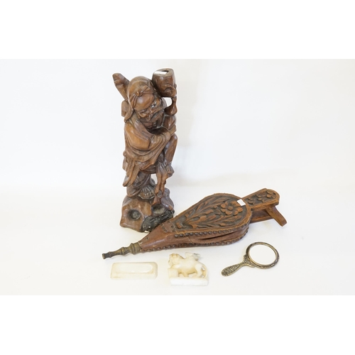 773 - A Chinese Hardwood Study of a Sage, a set of Bellows, Handbag Mirror & a Medici Lion.