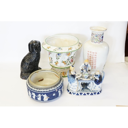 793 - A Jackfield Study of a Spaniel, a Chinese Vase with Verse, an Italian Jardiniere & decorative China.