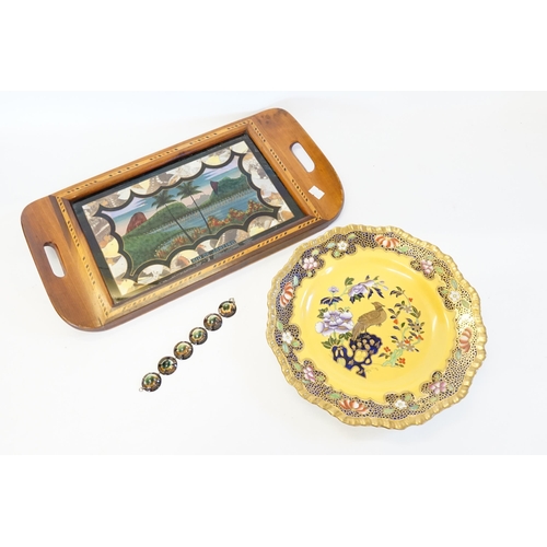 802 - A Gilt Decorated Mason's Plate dated 1736, a Brazilian Butterfly Wing Tray & a Shell Bracelet.