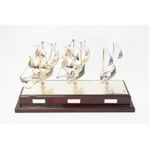 1079 - A Modern Silver Plated Three Galleon Trophy with a Plaque 