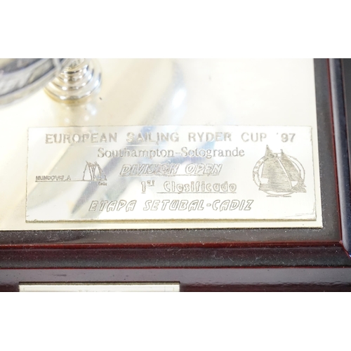 1079 - A Modern Silver Plated Three Galleon Trophy with a Plaque 