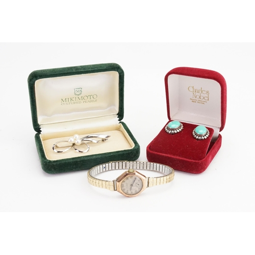 263 - A 9ct Gold cased ladies cocktail watch, along with a Mikimoto brooch, and turquoise earrings.