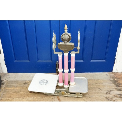 738 - A Lovely Set of Victorian Wrought & Cast Iron Scales with Pink Pottery Columns with a Marble effect ... 