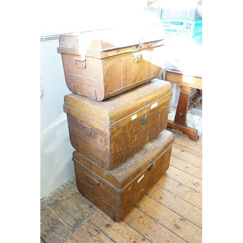 614 - A Set of Three Tin Brown Painted Victorian Trunks which fit inside each other. The Largest Trunk Mea... 