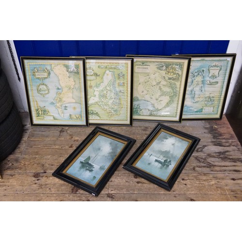 983 - A Set of Four Reproduction Maps in Hogarth Frames along with a Pair of Victorian Prints in Frames. (... 