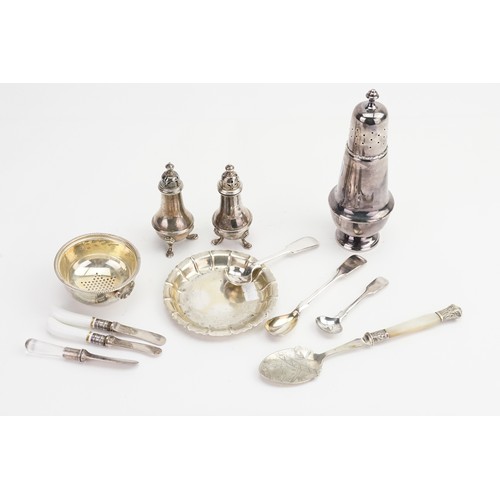 83 - Two Silver Pepperette's, a Fluted Shell shaped dish, a Silver Wine Funnel Top & various Silver Plate... 