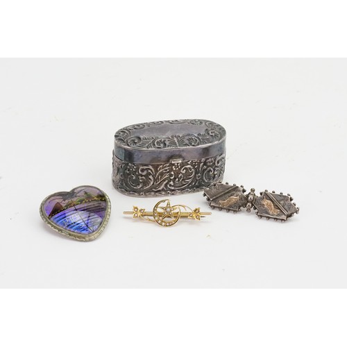 184 - A Silver Box, a Butterfly Brooch, a Gold Brooch set with Pearls & a Victorian Silver & Gold inlaid B... 