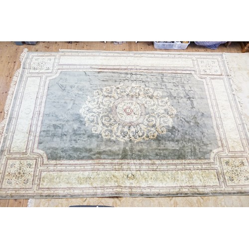 656 - A Beige Ground Floral Gold Patterned Line and Floral Twin Bordered Kashan Part Silk Carpet with Meda... 