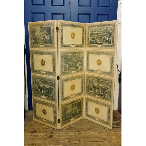 488 - A 1960s Parchment Covered Three Fold Screen with printed Court Scenes, Gilt Crested & bordered, Purc... 