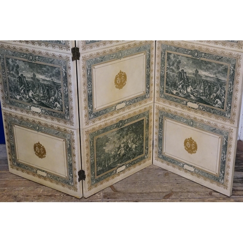 488 - A 1960s Parchment Covered Three Fold Screen with printed Court Scenes, Gilt Crested & bordered, Purc... 