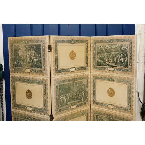 488 - A 1960s Parchment Covered Three Fold Screen with printed Court Scenes, Gilt Crested & bordered, Purc... 