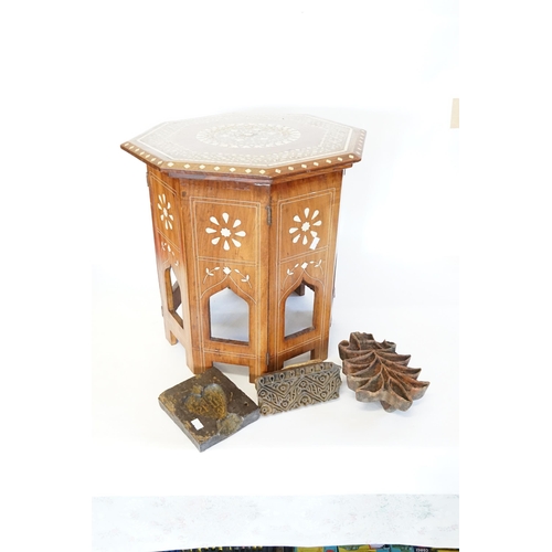 490 - A Middle Eastern Camel Bone inlaid Hexagonal Top Table along with Two Indian Block Prints of Flowers... 