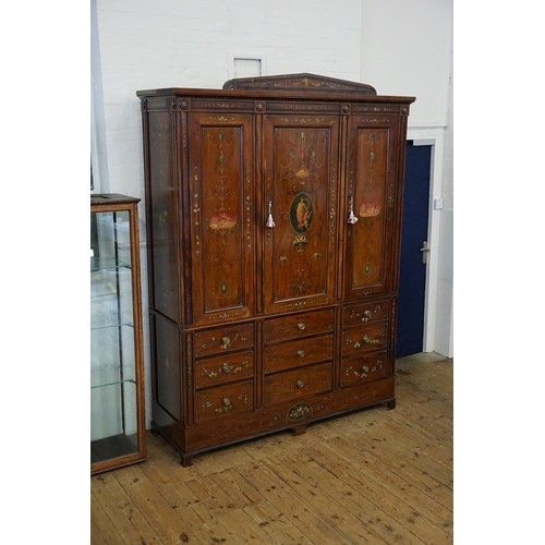 492 - An Edwardian Sheraton Revival Mahogany Holly & Painted decorated Wardrobe fitted Three Cupboards abo... 