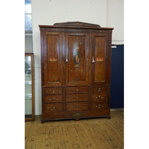 492 - An Edwardian Sheraton Revival Mahogany Holly & Painted decorated Wardrobe fitted Three Cupboards abo... 