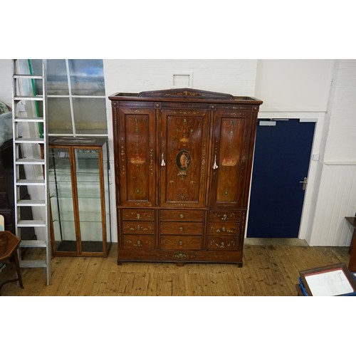 492 - An Edwardian Sheraton Revival Mahogany Holly & Painted decorated Wardrobe fitted Three Cupboards abo... 