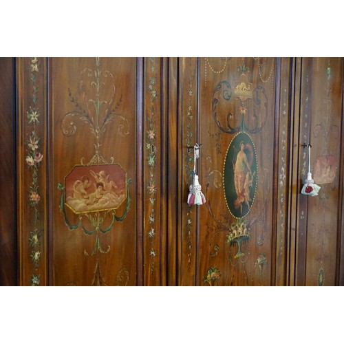 492 - An Edwardian Sheraton Revival Mahogany Holly & Painted decorated Wardrobe fitted Three Cupboards abo... 