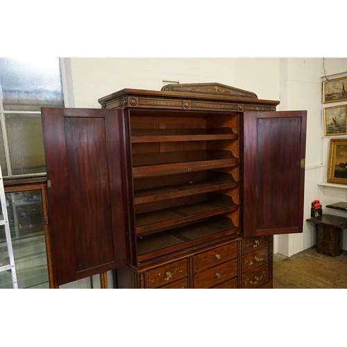 492 - An Edwardian Sheraton Revival Mahogany Holly & Painted decorated Wardrobe fitted Three Cupboards abo... 