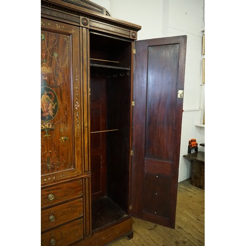 492 - An Edwardian Sheraton Revival Mahogany Holly & Painted decorated Wardrobe fitted Three Cupboards abo... 