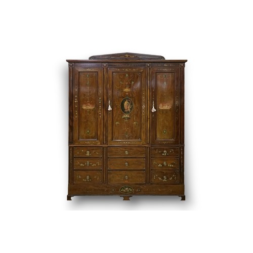 492 - An Edwardian Sheraton Revival Mahogany Holly & Painted decorated Wardrobe fitted Three Cupboards abo... 