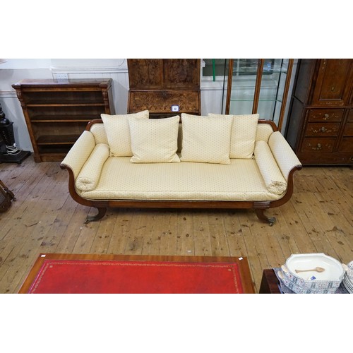 497 - A Georgian design Mahogany Framed Settee upholstered in Yellow Damask with sprigs of flowers, Mahoga... 