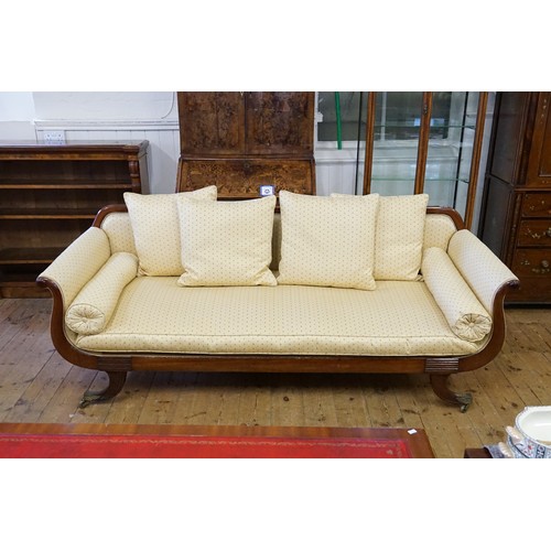 497 - A Georgian design Mahogany Framed Settee upholstered in Yellow Damask with sprigs of flowers, Mahoga... 