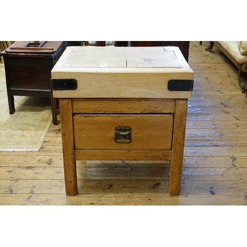 512 - An Oak & Pine Butchers Block with Iron Mounts fitted with a Deep Single Drawer & Square Legs. Measur... 