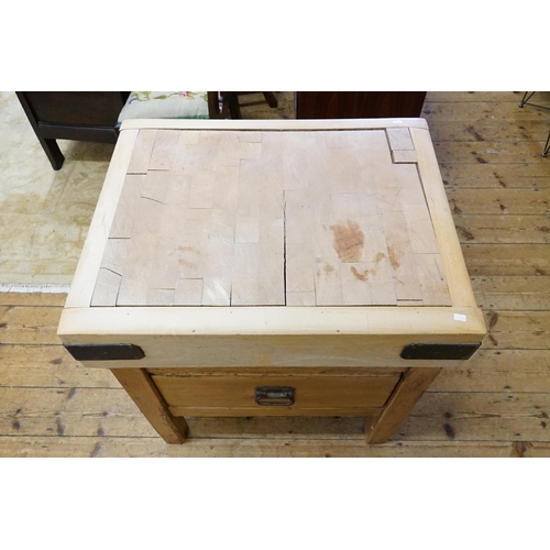 512 - An Oak & Pine Butchers Block with Iron Mounts fitted with a Deep Single Drawer & Square Legs. Measur... 