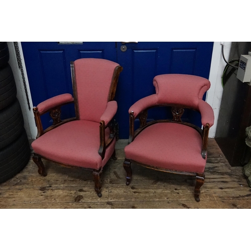 527 - A Victorian Gentleman's Armchair with reeded front, shaped legs, burgundy linen covering along with ... 