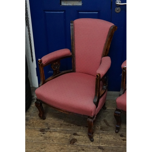 527 - A Victorian Gentleman's Armchair with reeded front, shaped legs, burgundy linen covering along with ... 