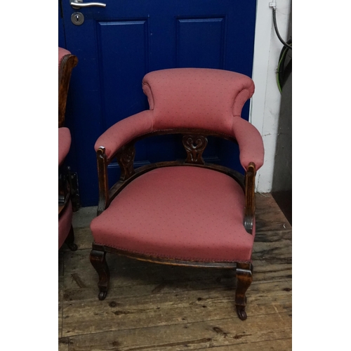 527 - A Victorian Gentleman's Armchair with reeded front, shaped legs, burgundy linen covering along with ... 