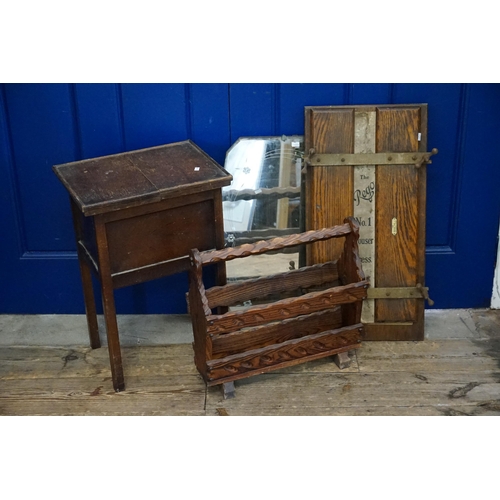 535 - A Lift-Top Needlework Cabinet in Oak, a Frameless Mirror, a Bavarian Magazine Rack & a Trouser Press... 