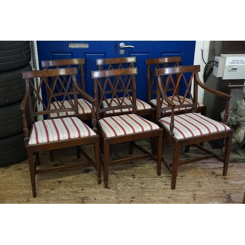 546 - A Set of 6 Dining Chairs to include Two Carvers with Red & Floral Striped Coverings.