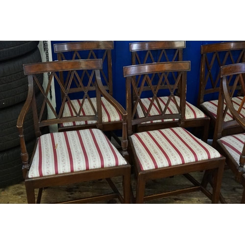 546 - A Set of 6 Dining Chairs to include Two Carvers with Red & Floral Striped Coverings.