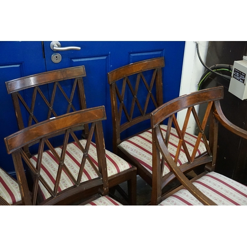 546 - A Set of 6 Dining Chairs to include Two Carvers with Red & Floral Striped Coverings.