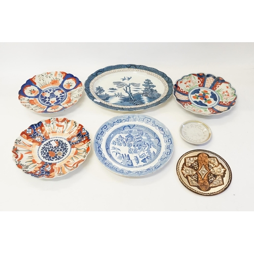 280 - Three Japanese Imari Plates, a Real Old Willow Meat Plate along with various plates.