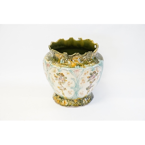 446 - A Green & Flow Blue Multi Coloured Floral embossed Jardiniere. Measuring: 29cms across x 28cms high.