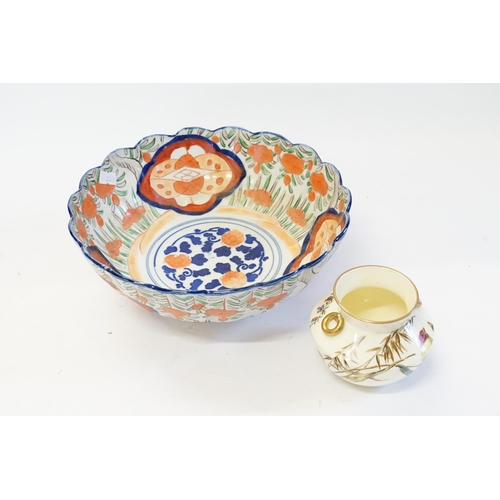 368 - A Small Victorian Bird decorated Vase along with an Imari Bowl (AF).