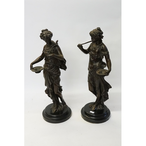 584 - A Pair of Late 19th Century French Spelter Classical Maiden Lamp Holders designed as Females in Diap... 